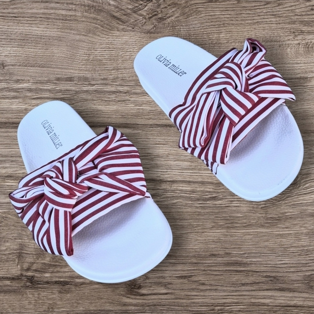 Olivia Miller Red and White Stripes Slip-On Low Wedge Sandals Women Size 6 - Picture 2 of 16